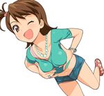  ;d a1 blush bracelet breast_squeeze breasts brown_eyes brown_hair denim denim_shorts flipped_hair futami_ami idolmaster idolmaster_(classic) jewelry midriff navel necklace one_eye_closed open_mouth ring sandals short_hair short_shorts shorts simple_background small_breasts smile solo unbuttoned 