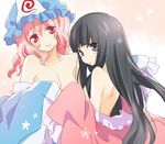  bare_shoulders black_eyes black_hair breasts cleavage hat houraisan_kaguya japanese_clothes kimono large_breasts lips looking_back machiko_(beard) multiple_girls off_shoulder pink_eyes red_eyes saigyouji_yuyuko touhou yuri 