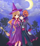  arm_around_waist blonde_hair bow bowtie cape crescent_moon crush_(lolipop) dress fang halloween hand_on_hip hat jack-o'-lantern long_hair long_sleeves looking_at_viewer maria-sama_ga_miteru mask mask_on_head moon multiple_girls neck_ribbon nijou_noriko one-armed_hug pants purple_eyes purple_hair red_eyes ribbon smile toudou_shimako wand witch_hat 