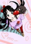  akiyama_mio black_eyes black_hair boots bow breasts casual food from_above fruit gloves hair_bow highres holding holding_food holding_fruit k-on! large_breasts listen!! long_hair md5_mismatch pantyhose red_legwear solo strawberry zaxwu 