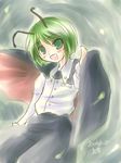  antennae black_pants bob_cut buttons cape collared_shirt dated eyebrows_visible_through_hair eyes_visible_through_hair fireflies green_eyes green_hair long_sleeves nekotani_mikamo open_mouth pants puffy_pants shirt solo touhou white_shirt wriggle_nightbug 