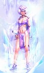  bandeau bow_(bhp) bracelet breasts cave cleavage giggi gigginox high_heels highres ice jewelry loincloth medium_breasts midriff monster_girl monster_hunter monster_hunter_3 monster_hunter_portable_3rd navel personification pink_eyes shoes short_hair solo white_hair 