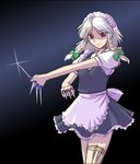  between_fingers braid hashiyamoto izayoi_sakuya knife maid short_hair silver_hair solo touhou twin_braids 