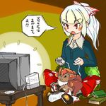  alternate_costume bad_id bad_pixiv_id bow contemporary crossover fujiwara_no_mokou game_console gen_1_pokemon hair_bow okerabi_asura playing_games pokemon pokemon_(creature) red_eyes short_hair touhou translated vulpix white_hair wii 