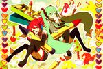  ahoge bad_id bad_pixiv_id child_drawing crayon crossover detached_sleeves drill_hair green_eyes green_hair hatsune_miku kasane_teto long_hair multiple_girls necktie one_eye_closed pointing red_eyes red_hair sitting skirt sunplus thighhighs twin_drills twintails utau very_long_hair vocaloid yumeyume_(vocaloid) 