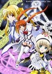  ahoge asymmetrical_legwear blonde_hair blue_hair book book_of_the_azure_sky bow cape circle_name coat fate_testarossa fingerless_gloves gloves hair_ornament hat jacket long_hair long_sleeves lowres lyrical_nanoha magazine_(weapon) magic_circle magical_girl mahou_shoujo_lyrical_nanoha_strikers midori_(searchlight) minigirl multiple_girls open_clothes open_jacket raising_heart red_bow red_hair reinforce_zwei shoes single_thighhigh takamachi_nanoha thighhighs twintails unison very_long_hair waist_cape watermark web_address winged_shoes wings x_hair_ornament yagami_hayate 