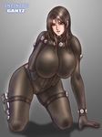  bodysuit breasts brown_hair female full_body gantz gantz_suit gigantic_breasts gradient gradient_background huge_breasts infinity kneeling long_hair reika shimohira_reika skin_tight solo 