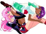  90s arms_up artist_request bare_legs blue_eyes breasts buttons collarbone dark_skin expressionless formal glasses green_eyes green_sailor_collar himemiya_anthy jewelry long_sleeves looking_at_viewer miniskirt multiple_girls ootori_gakuen_school_uniform parted_lips pleated_skirt profile purple_hair rimless_eyewear ring sailor_collar school_uniform serafuku shirt short_hair shoujo_kakumei_utena simple_background skirt small_breasts suit teeth tenjou_utena wedding_band white_background white_shirt 