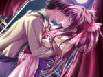  1girl apron black_hair closed_eyes couple dutch_angle faceless faceless_male game_cg hair_ribbon hetero hug kiss long_hair long_sleeves lowres milpha moekibara_fumitake moon night pink_hair plaid platinum_wind ribbon twintails window 