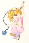  agahari akazukin_chacha ball_and_chain blonde_hair blush_stickers bow brown_eyes kusarigama open_mouth orin_(akazukin_chacha) short_hair sickle simple_background slippers solo weapon 