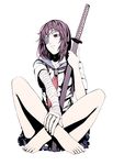  bandages barefoot eyepatch feet iwai_ryou original purple_eyes purple_hair school_uniform short_hair solo sword weapon 