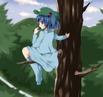  bare_tree blue_eyes blue_hair blush boots cucumber eating hair_bobbles hair_ornament hat in_tree kawashiro_nitori looking_back nanana_(chicken_union) short_hair sitting sitting_in_tree solo touhou tree twintails two_side_up 