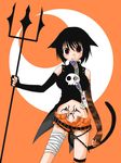  animal_ears black_hair cat_ears copyright_request halloween kanade_(wakamest) mouth_hold pitchfork red_eyes short_hair solo tail 