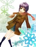  brown_eyes coat even_(artist) highres nagato_yuki pun purple_hair scarf short_hair skirt snowflakes solo suzumiya_haruhi_no_shoushitsu suzumiya_haruhi_no_yuuutsu toggles 