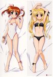  armpits arms_up barefoot bed bikini blonde_hair blush bow bow_swimsuit brown_hair choker dakimakura fate_testarossa feet flat_chest hair_ribbon highres long_hair lying lyrical_nanoha mahou_shoujo_lyrical_nanoha multiple_girls okuda_yasuhiro one-piece_swimsuit pink_bow purple_eyes red_eyes ribbon smile swimsuit takamachi_nanoha twintails 