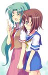  blue_eyes blush brown_hair green_hair higurashi_no_naku_koro_ni long_hair multiple_girls necktie ponytail ryuuguu_rena school_uniform serafuku short_hair simple_background skirt sonozaki_mion subaru_(yachika) talking 