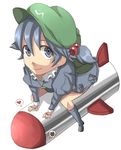  backpack bad_id bad_pixiv_id bag blue_dress blue_eyes blue_footwear blue_hair blush boots closed_mouth dress flat_cap from_above full_body green_hat hair_bobbles hair_ornament hat heart kawashiro_nitori looking_at_viewer looking_up mimi-chan perspective pig_ggul pocket rocket simple_background sitting smile solo tied_hair touhou twintails white_background 