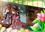  bad_id bad_pixiv_id brown_eyes brown_hair copyright_request dress eating face flower food green_eyes hair_ribbon ice_cream legwear_under_shorts long_hair miomio multiple_girls pantyhose ribbon shorts 