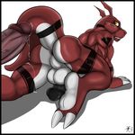  2011 aaron aaron_(artist) amber_eyes anticipation anus balls biceps big_balls big_muscles big_penis butt digimon disembodied_penis duo erection gay guilmon looking_at_viewer male muscles nude penis plain_background pose precum presenting raised_tail scalie sweat vein 