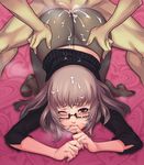  1girl ass atlus back biting blue_nails blush breath brown_eyes brown_hair catherine_(game) catherine_(video_game) clothed_sex cum cum_on_ass cum_on_back cum_on_body cum_on_clothes cum_on_glasses cum_on_hair cum_on_lower_body cum_on_upper_body dimples_of_venus eyeshadow facial feet finger_biting finger_to_mouth from_above glasses highres katherine_mcbride long_hair makeup nail_polish no_panties one_eye_closed pantyhose see-through see_through sethxzoe sex sweatdrop tears toes top-down_bottom-up torn_clothes vaginal wink 