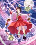  bell black_hair brown_eyes cardfight!!_vanguard cherry_blossoms full_moon hair_ribbon japanese_clothes jingle_bell kagura_suzu looking_at_viewer miko moon night night_sky red_ribbon ribbon sky tadokoro_teppei white_legwear wide_sleeves 