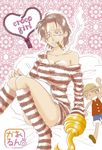  1girl bad_id bad_pixiv_id bed black_hair book bored breasts cigar cleavage duplicate genderswap hook_hand kaorun8-3-8 kneehighs large_breasts legs monkey_d_luffy one_piece perky_breasts reading short_hair sir_crocodile sitting smoking striped striped_sweater sweater white_eyes 