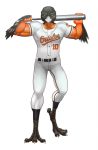  2015 4_toes 5_fingers anisodactyl anthro avian baltimore_oriole baltimore_orioles_(mlb) baseball_bat baseball_uniform beak belt biceps biped bird bird_feet black_feathers bulge claws clothed clothing collarbone countershade_arms countershade_hands countershade_torso countershading digital_drawing_(artwork) digital_media_(artwork) feathers fingerless_(marking) front_view frown full-length_portrait fully_clothed green_sclera grey_beak hi_res holding_object humanoid_hands icterid intense lazpev lighting looking_at_viewer male mascot mlb multicolored_feathers muscular muscular_male neck_muscles new_world_oriole orange_countershading orange_feathers pants pecs portrait raised_arm shadow shirt simple_background solo sportswear standing stare talons the_oriole_bird_(mascot) toe_claws toes triceps two_tone_feathers uniform white_background white_claws yellow_eyes 