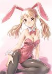  animal_ears anjou_naruko ano_hi_mita_hana_no_namae_wo_bokutachi_wa_mada_shiranai. bare_shoulders black_legwear breasts brown_eyes brown_hair bunny_ears bunnysuit cleavage detached_collar fake_animal_ears hair_ornament hand_on_thigh katahira_masashi leotard looking_at_viewer medium_breasts pantyhose red_leotard side-tie_leotard sitting sketch smile solo twintails 