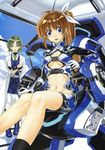  blue_eyes bodysuit breasts brown_hair cockpit glasses green_hair highres kurogin legs lyrical_nanoha mahou_senki_lyrical_nanoha_force mariel_atenza medium_breasts midriff military military_uniform multiple_girls navel nyantype official_art pantyhose pilot_suit ponytail side_ponytail takamachi_nanoha tsab_naval_military_uniform underboob uniform white_legwear yellow_eyes 