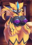  1girl big_breasts breasts clothing creatures_(company) female furry game_freak interior looking_at_viewer mrrsk mrsk nintendo nipple_bulge nipples pok&eacute;mon pok&eacute;mon_(species) pokemon pussy sea smile solo teal_eyes thick_thighs tight_clothing video_games water zeraora 