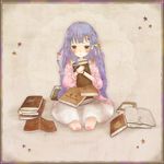  adapted_costume bad_id bad_pixiv_id blush book book_hug bookshelf crescent crescent_hair_ornament hair_ornament holding holding_book long_hair mxnxm open_mouth patchouli_knowledge purple_hair sitting skirt solo star star_hair_ornament sweater touhou yellow_eyes 