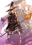  adjusting_clothes adjusting_hat alternate_costume blonde_hair blue_eyes book braid broom cape frills gathers gauntlets greaves hair_ornament hair_ribbon hat highres karlwolf kirisame_marisa long_hair mouth_hold ribbon single_braid solo touhou witch_hat zoom_layer 