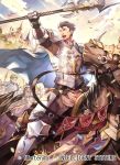  1boy armor armored_boots boots cloud faceless faceless_male fire_emblem fire_emblem:_the_binding_blade fire_emblem_cipher gloves horse horseback_riding nagahama_megumi official_art open_mouth polearm purple_hair riding sky solo spear teeth tree weapon zealot_(fire_emblem) 