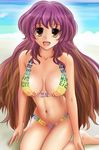  barefoot beach bikini brown_eyes brown_hair gradient_hair groin hijiri_byakuren kneeling kurowana long_hair multicolored_hair navel no_nipples nude open_mouth purple_hair sitting smile solo sorcerer's_sutra_scroll swimsuit touhou two-tone_hair wariza yellow_eyes 