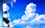  bird bowl cloud copyright_request day food kid_(artist) no_humans panda popsicle seagull shaved_ice signature sitting sky spoon umbrella wind_chime 