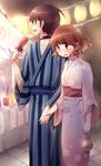  1girl blue_kimono brown_eyes brown_hair choker eating festival floral_print food glasses holding_hands ikayaki ikoma_minami japanese_clothes kami_nomi_zo_shiru_sekai katsuragi_keima kimono lantern night nyaa_(nnekoron) open_mouth pink_kimono print_kimono smile squid striped vertical-striped_kimono vertical_stripes wavy_hair yukata 