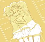  aioi_yuuko closed_eyes girl_sandwich hair_cubes hair_ornament hug lying minakami_mai monochrome multiple_girls naganohara_mio nichijou sandwiched school_uniform short_hair sou_(tuhut) sweat tokisadame_school_uniform yellow 