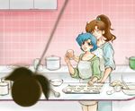  apron bishoujo_senshi_sailor_moon blue_hair brown_hair cookie egg food glass green_shirt hair_bobbles hair_ornament kino_makoto kitchen long_hair mizuno_ami multiple_girls otsukimi_(artist) ponytail shirt short_hair sleeves_rolled_up smile yuri 