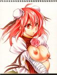  :&lt; annoyed bandages breast_press breasts breasts_outside bun_cover calnarsa chinese_clothes double_bun flower frown ibaraki_kasen large_breasts marker_(medium) millipen_(medium) nipples red_eyes red_hair rose solo touhou traditional_media upper_body watercolor_(medium) 