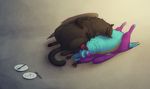  avian black_body black_feathers cute female food gryphon lying merystic on_back plate purple_body simple_background sleeping teal_belly 