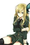  aqua_eyes bad_id bad_pixiv_id blonde_hair boku_wa_tomodachi_ga_sukunai breasts bug butterfly hair_ornament highres insect kashiwazaki_sena large_breasts long_hair mitsu_yomogi school_uniform sitting skirt solo st._chronica_academy_uniform thighhighs 