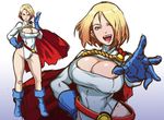  belt blonde_hair blue_eyes blue_footwear boots breasts butcha-u cape cleavage cleavage_cutout crop_top dc_comics hand_on_hip large_breasts leotard lips loose_belt open_mouth power_girl short_hair 