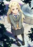  akuhaku book earrings food fountain fruit grey_eyes harry_potter jewelry long_hair long_sleeves looking_up luna_lovegood necklace necktie pantyhose school_uniform skirt smile solo striped tree water wavy_hair 