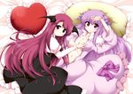  :o bat_wings bed_sheet black_dress breasts curvy double_bun dress frilled_pillow frills head_wings heart heart_pillow huge_breasts impossible_clothes kanatsu koakuma long_hair multiple_girls navel no_hat no_headwear open_clothes open_shirt patchouli_knowledge pillow purple_eyes purple_hair red_eyes red_hair shirt smile touhou very_long_hair wings yuri 