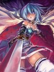  bare_shoulders black_gloves blue_eyes blue_hair cape edobox foreshortening gloves magical_girl mahou_shoujo_madoka_magica miki_sayaka open_mouth short_hair skirt solo sword thighhighs weapon white_legwear zettai_ryouiki 