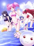  akemi_homura ball beach beachball bikini blonde_hair blue_hair butt_crack cloud day derika dutch_angle innertube kaname_madoka long_hair mahou_shoujo_madoka_magica miki_sayaka multiple_girls ocean outdoors ponytail red_hair sakura_kyouko short_hair short_twintails sky sun swimsuit tomoe_mami twintails wading water 