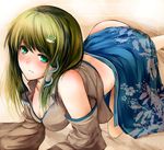  all_fours blush body_blush breasts cleavage detached_sleeves green_eyes green_hair hair_ornament hair_tubes highres kochiya_sanae long_hair medium_breasts metalwasabi solo touhou 