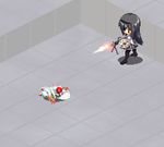  akemi_homura animated animated_gif black_hair firing gun hairband holding holding_gun holding_weapon kyubey lowres machine_gun magical_girl mahou_shoujo_madoka_magica niwatori_takeshi pantyhose pixel_art shield weapon 