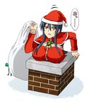  bad_id bad_pixiv_id bell blue_hair breast_rest breasts chimney christmas diamond_cut_diamond hat kenji_t1710 large_breasts long_hair open_mouth original pale_eye red_eyes ribbon sack santa_costume santa_hat shigyou_yuuyami solo stuck 