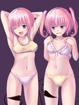  ;d armpits arms_behind_head arms_up bra breast_envy breasts cosplay costume_switch covered_nipples flat_chest highres lingerie looking_at_breasts medium_breasts momo_velia_deviluke multiple_girls nana_asta_deviluke navel one_eye_closed open_mouth orange_(meitoku) panties pink_hair purple_eyes short_hair siblings sisters smile sports_bra tail tears to_love-ru twintails underboob underwear underwear_only wavy_mouth 